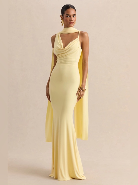 Club L London Dresses & Skirts - CLUBLLondon Armelia Lemon Cowl Neck Maxi Dress with Scarf Detail